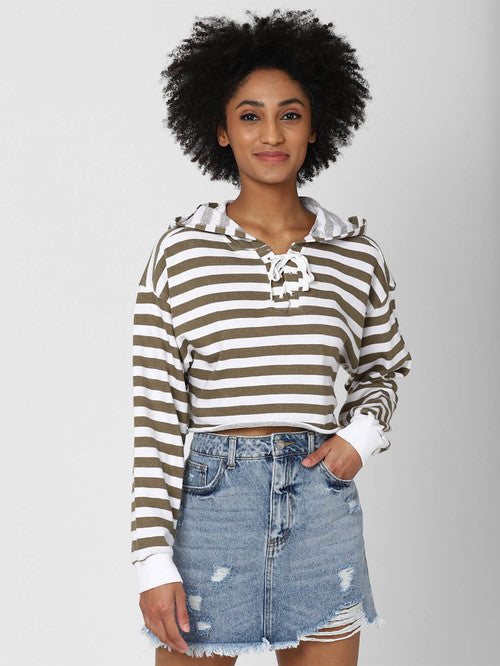 Shop Forever 21 Olive & White Striped Sweatshirt Forever 21 in Mauritius 