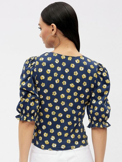 Shop Navy Cotton Floral Print Top Harpa in Mauritius 