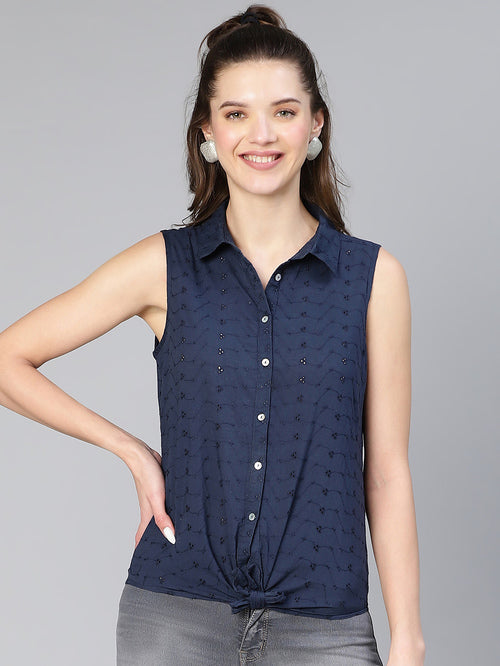 Shop Navy Cotton Embroidered Shirt Campus Sutra in Mauritius 