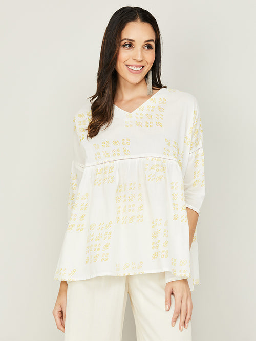 Shop Off-White Cotton Printed Top Melange by Lifestyle in Mauritius 