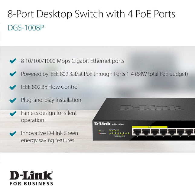 Shop D-Link PoE Switch, 8 Port Ethernet Gigabit D-LINK in Mauritius 