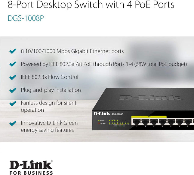 Shop D-Link PoE Switch, 8 Port Ethernet Gigabit D-LINK in Mauritius 