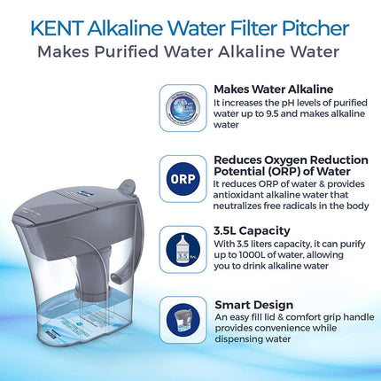 KENT 11054 Alkaline Water Filter Pitcher 3.5 L | Chemical-Free Water with Balanced pH Levels 8.0 to 9.5 | Solves Acidity Issue | Equipped with Carbon and Sediment Filter - Mycart.mu in Mauritius at best price