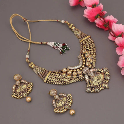 Antique Gold Plated Pearl Choker Necklace Set For Women - Mycart.mu in Mauritius at best price