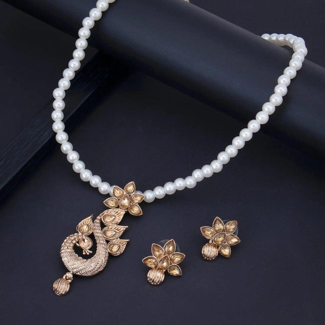 Graceful Gold Plated Peacock Pearl Choker Necklace Set for Women - Mycart.mu in Mauritius at best price