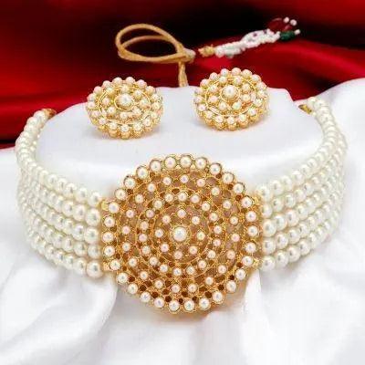 Lavish Gold Plated Pearl Choker Necklace Set for Women - Mycart.mu in Mauritius at best price