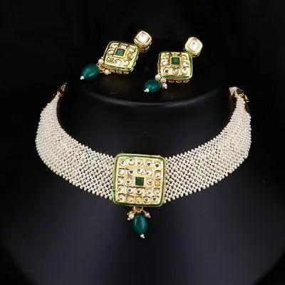 Pretty Eye Catching Kundan Gold Plated Pearl Choker Necklace Set for Women - Mycart.mu in Mauritius at best price