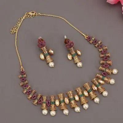 Traditional Gold Plated Kundan & Pearl Necklace Set For Women - Mycart.mu in Mauritius at best price